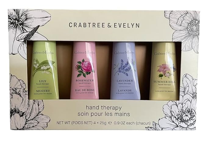 Crabtree & Evelyn 4 pc Hand Therapy Set .9 Oz each Rosewater, Lavender, Lily, Pear and Pink Magnolia Hand lotion cream