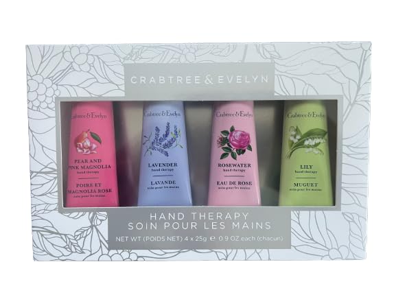 Crabtree & Evelyn 4 pc Hand Therapy Set .9 Oz each Rosewater, Lavender, Lily, Pear and Pink Magnolia Hand lotion cream